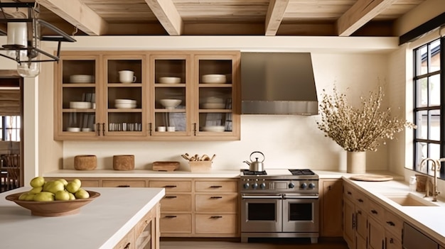 Decoração de cozinha de fazenda e design de interiores Inglês em armação de armários de cozinha bege e madeira em uma casa de campo elegante estilo cottage inspiração