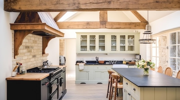 Decoração de cozinha de fazenda e design de interiores Inglês em armários de cozinha de madeira velha em uma casa de campo elegante inspiração de estilo cottage