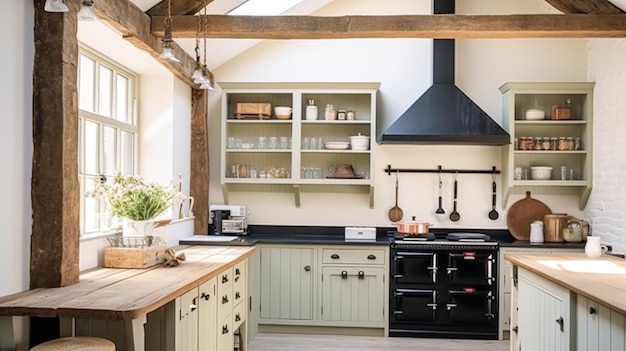 Decoração de cozinha de fazenda e design de interiores Inglês em armários de cozinha de madeira velha em uma casa de campo elegante inspiração de estilo cottage