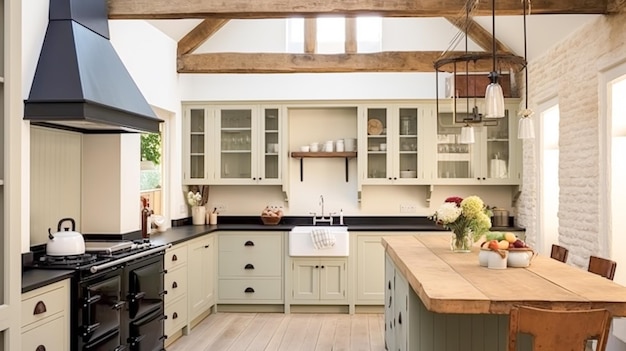 Decoração de cozinha de fazenda e design de interiores Inglês em armários de cozinha de madeira velha em uma casa de campo elegante inspiração de estilo cottage