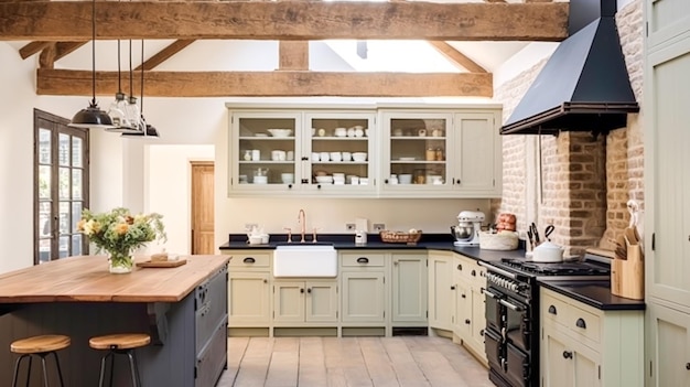 Decoração de cozinha de fazenda e design de interiores Inglês em armários de cozinha de madeira velha em uma casa de campo inspiração elegante em estilo chalé