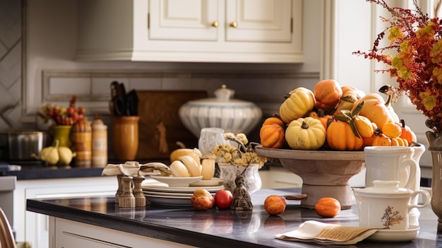 Decoração de cozinha de outono Design de interiores e decoração de casa Cozinha inglesa clássica decorada para a estação de outono em uma casa de campo ideia de estilo elegante