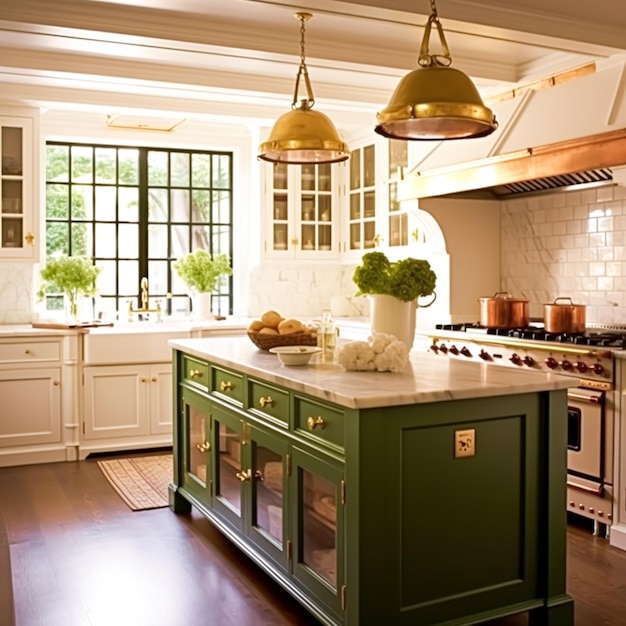 Foto decoração de cozinha, design de interiores e melhoria de casa sob medida, verde sálvia inglês em moldura, armários de cozinha, bancada e eletrodomésticos em uma casa de campo, ideia elegante de estilo chalé