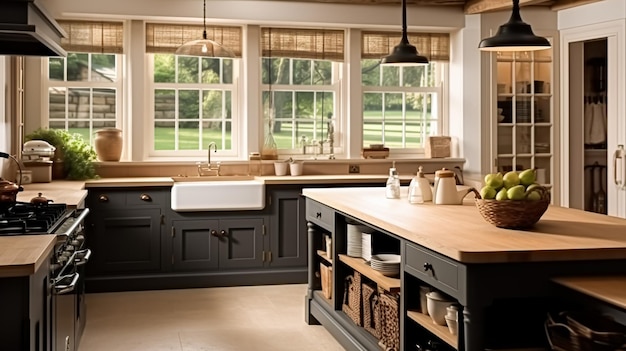 Decoração de cozinha escura, projeto de interiores e melhoria da casa em inglês em armários de cozinha em um estilo de casa de campo