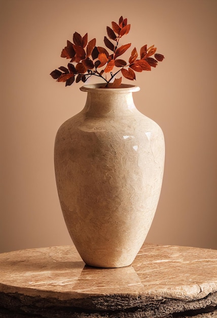 Decoração de design mínimo de vaso de barro branco candlepampas grama no espaço de cópia do pódio de pedra natural
