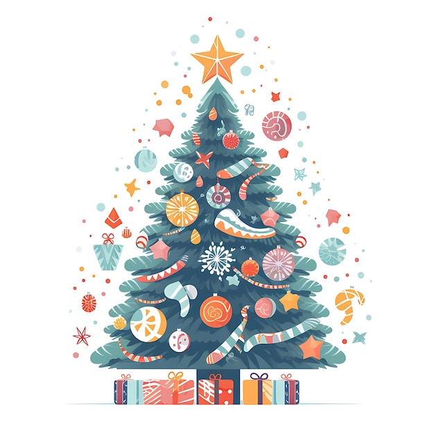 Decoração de estilo clip art de árvore de Natal e caixas de presentes Feliz Natal e Feliz Ano Novo