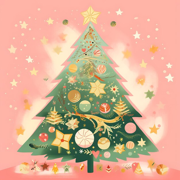 Decoração de estilo clip art de árvore de Natal e caixas de presentes Feliz Natal e Feliz Ano Novo