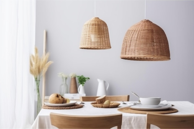 Decoração de estilo de mesa de sala de jantar bege móveis de cozinha rattan luminária Generative AI