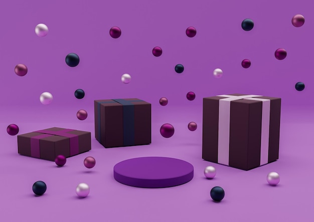 decoração de exibição de produto mínimo 3D roxo bolas de Natal presentes de mármores metálicos coloridos