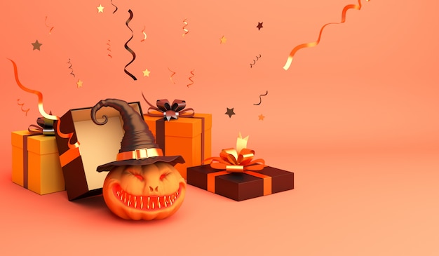 Decoração de feliz dia de halloween com caixa de presente de abóbora e laranja, renderização 3D