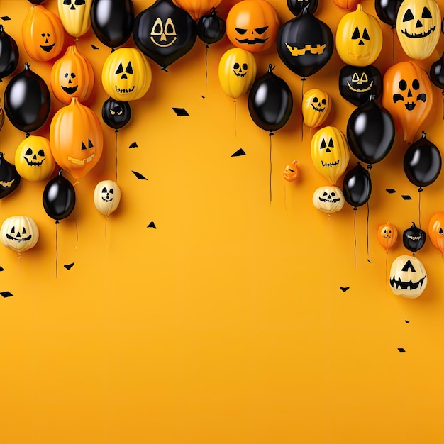 Decoração de feriados e balões de ar assustadores do conceito de festa para o halloween sobre fundo amarelo