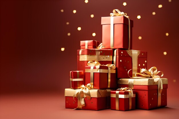 Decoração de férias de Ano Novo com caixas de presentes vermelhas em fundo vermelho com espaço de cópia