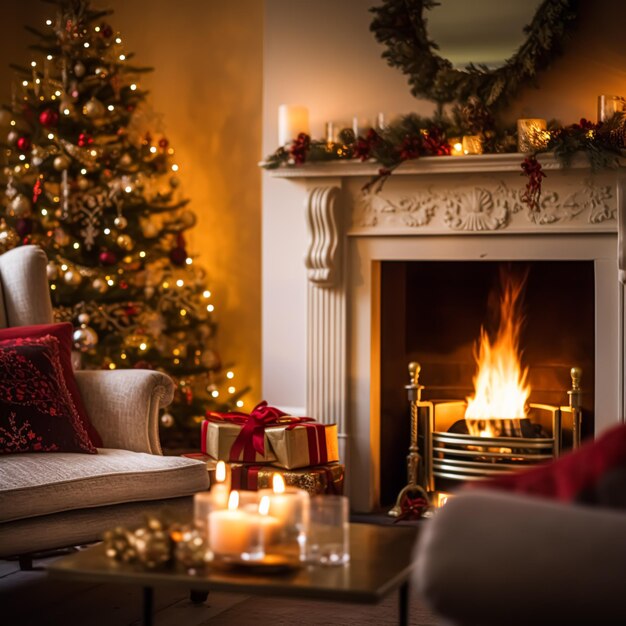 Foto decoração de férias de natal e ambiente aconchegante em estilo chalé decorado árvore de natal na sala de estar da casa de campo inglesa com lareira ideia de decoração de interiores