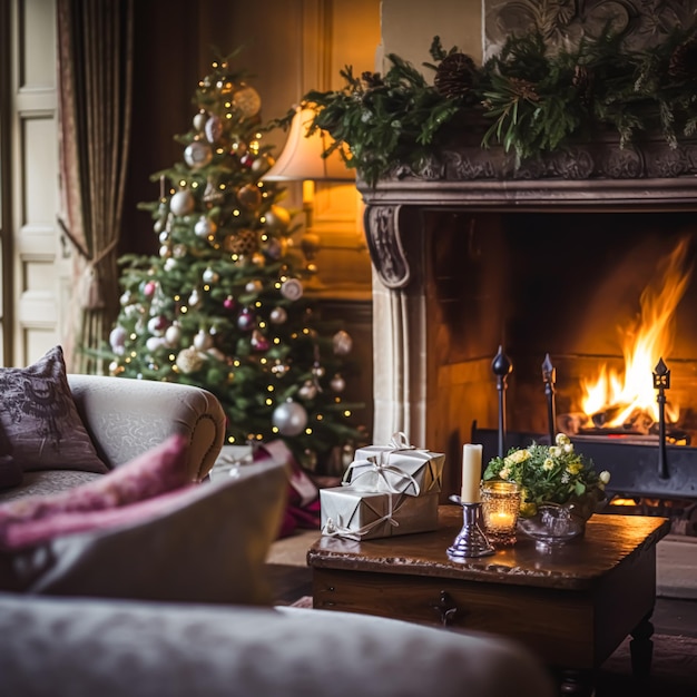 Decoração de férias de Natal e ambiente aconchegante em estilo chalé decorado Árvore de Natal na sala de estar da casa de campo inglesa com lareira ideia de decoração de interiores