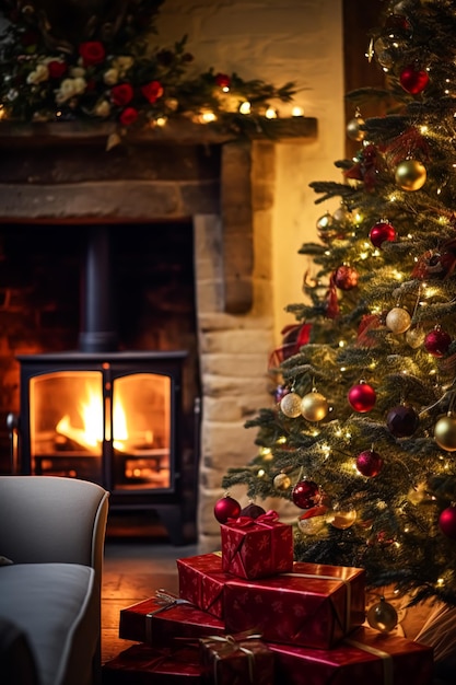 Decoração de férias de Natal e atmosfera aconchegante em estilo de casa de campo decorada com árvore de Natal na sala de estar de uma casa de campo inglesa com ideia de decoração de interiores de lareira