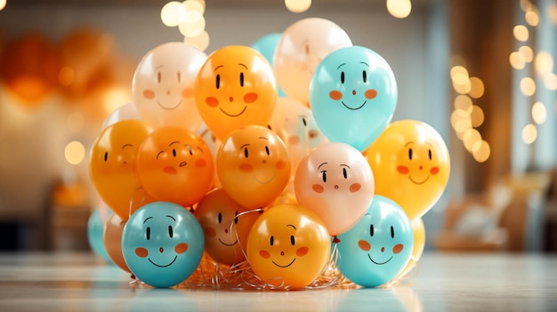 Foto decoração de festa de aniversário e balões coloridos com desenhos de vários rostos emoticons muitos risos sorrindo em fundo bege