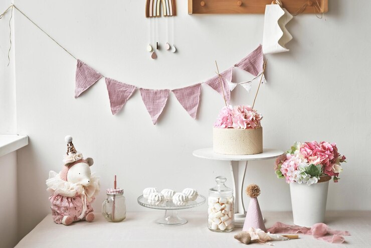 Foto decoração de festa de um ano fundo de feliz aniversário quebra de bolo