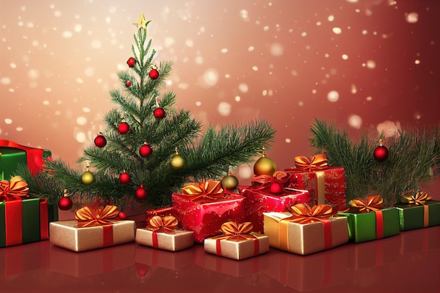 Decoração de festival de Natal com caixas de presentes pilha fita e árvore de Natal espetacular para dar à família e amigos no dia de Natal ou ano novo 2023 com alegria e alegria ilustração 3D