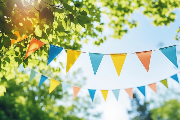 Decoração de flâmula colorida em folhagem verde no céu azul Conceito de festa de verão