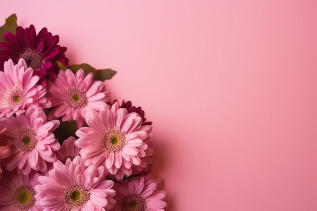 Decoração de flores na vista superior de fundo rosa com espaço de cópia