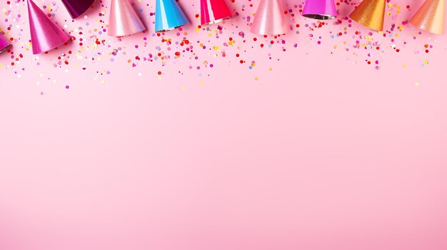 decoração de fundo de aniversário com chapéu de aniversário em fundo rosa