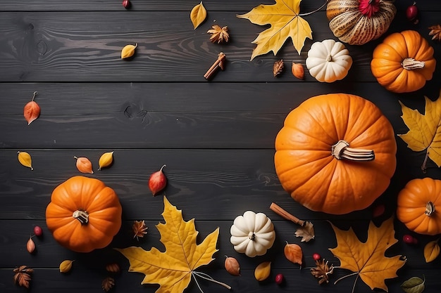 Decoração de fundo de outono de folhas secas e abóbora em fundo de madeira escura Vista superior plana para o conceito de Ação de Graças de outono