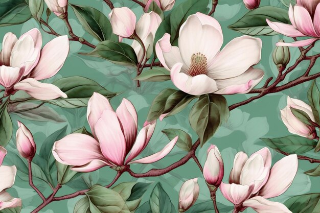 Decoração de fundo papel de parede aquarela floral folha de magnólia sem costura padrão têxtil flor Generative AI