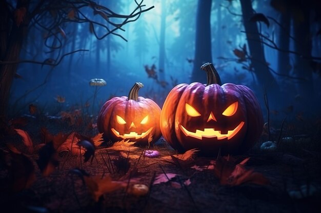 Foto decoração de fundo para abóbora na floresta halloween