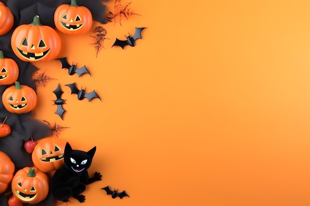 Decoração de fundo para o Halloween com pequenas abóboras com rostos fantasmas, um gato preto e teias de aranha