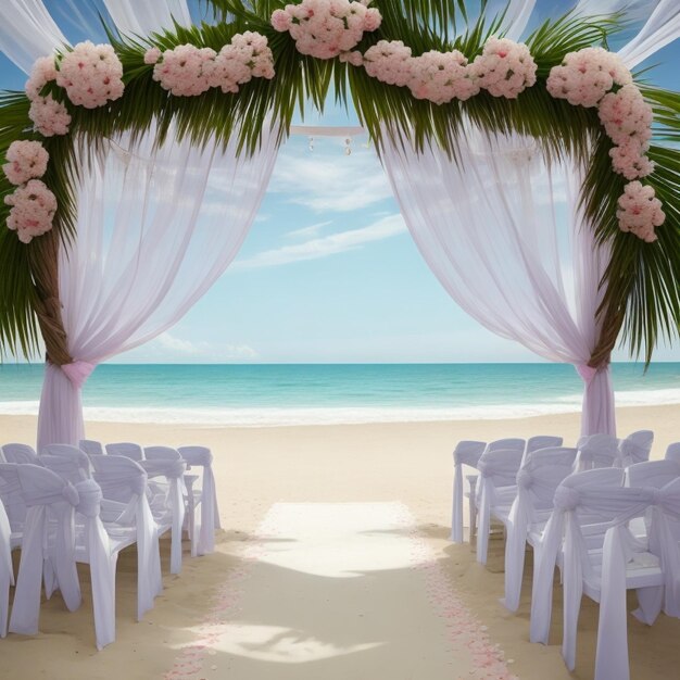 decoração de fundo para uma cerimônia de casamento na praia em um momento feliz