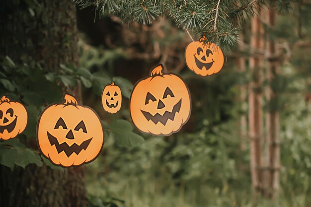 Decoração de Halloween ao ar livre. Abóboras de papel em guirlanda