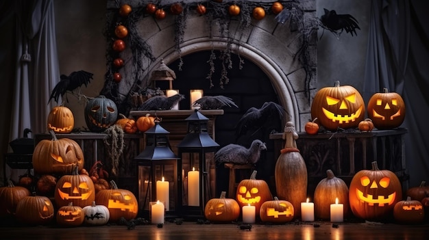 Decoração de Halloween com abóboras e velas em casa