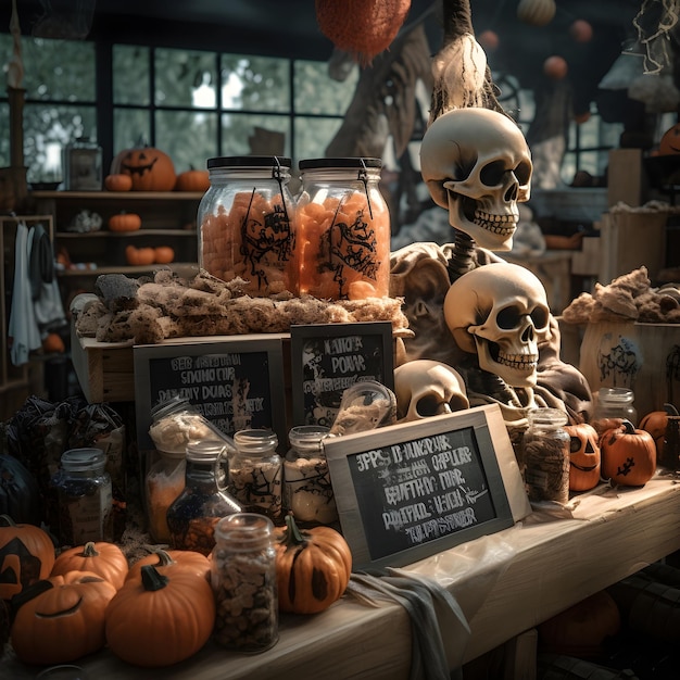 Decoração de Halloween com caveiras de abóboras e outros itens em uma loja