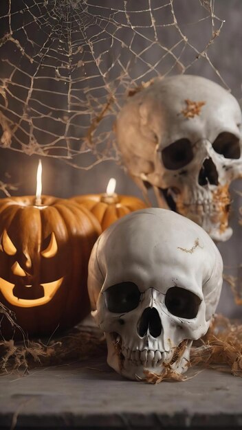 Decoração de halloween com crânios e teia de aranha