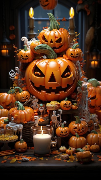 Decoração de Halloween com doces e velas de abóboras