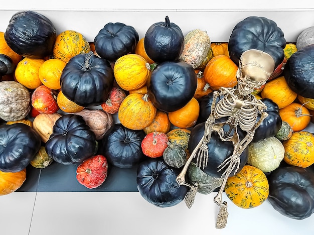 Decoração de Halloween com pilha de abóboras e esqueleto dourado.