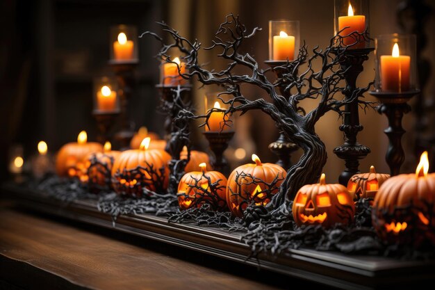 Foto decoração de halloween com velas de abóbora e galhos secos em fundo escuro