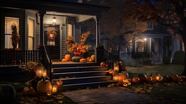 Decoração de Halloween da varanda da frente depois de escurecer