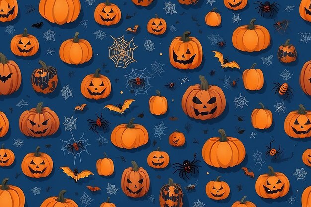 Foto decoração de halloween em fundo azul abóboras morcegos e aranhas ia geradora