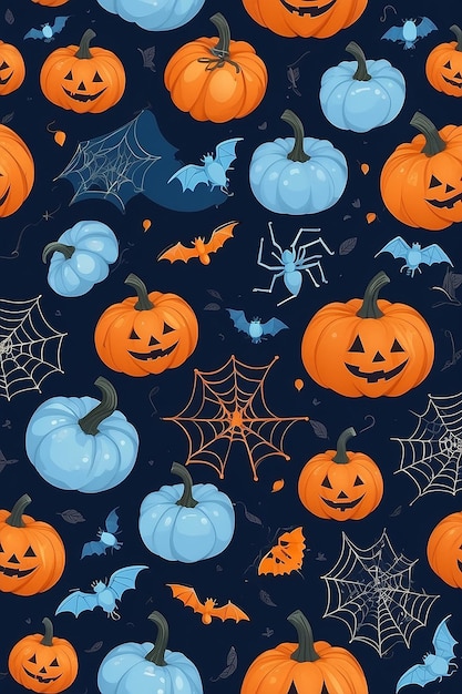 Foto decoração de halloween em fundo azul abóboras morcegos e aranhas ia geradora