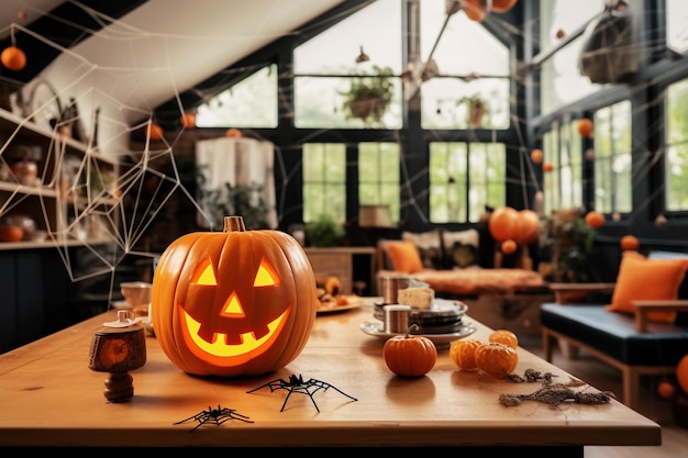 Foto decoração de halloween em uma casa com abóboras em uma mesa de madeira