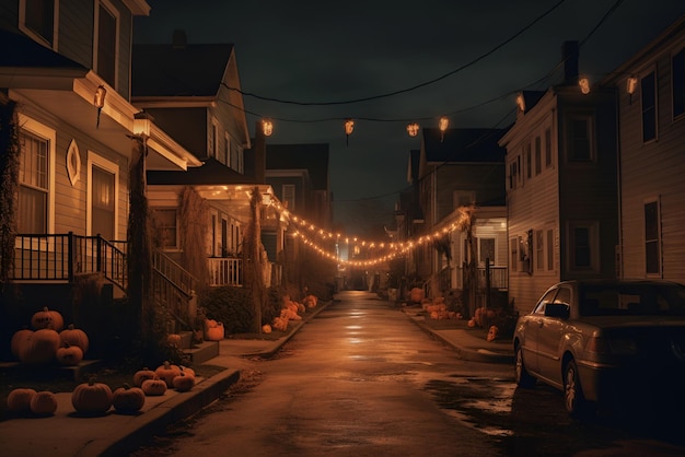 Decoração de Halloween em uma pequena rua residencial Conteúdo de IA gerado