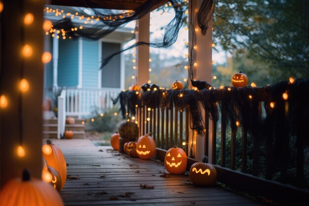 Decoração de Halloween na varanda da casa e quintal