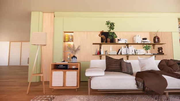 decoração de interiores de sala de estar de madeira de renderização 3D