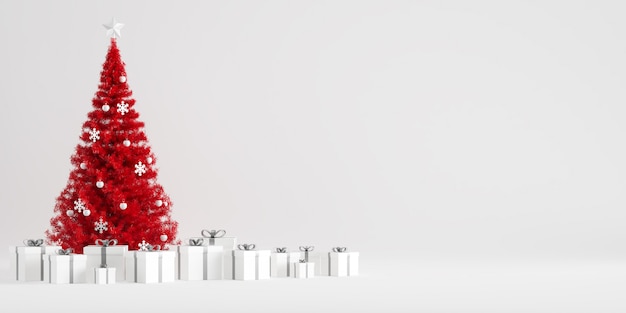 Decoração de inverno de árvore de natal com caixas de presente em fundo branco