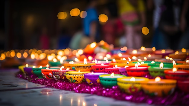 Decoração de lâmpadas de óleo no feliz festival de Diwali