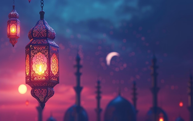 Decoração de lanterna árabe com paisagem de mesquita e a lua espaço de cópia festiva do Ramadan