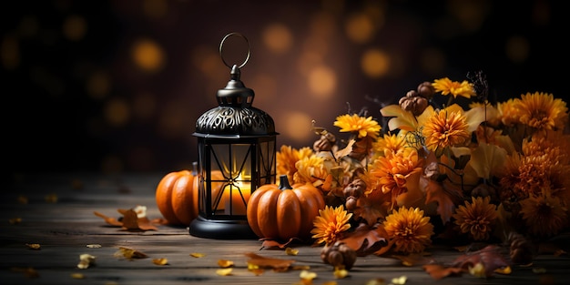 Decoração de lanterna de outono festiva com flores de abóboras e folhas de outono conceito de bandeira de Dia de Ação de Graças ou Halloween