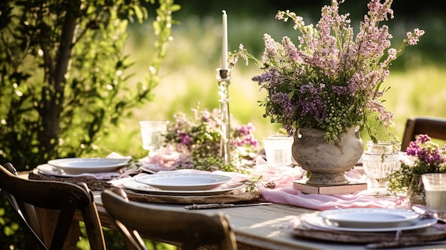 Decoração de mesa, cenário de mesa de férias e mesa de jantar no jardim rural, decoração de eventos formais para casamento, celebração familiar, país inglês e inspiração de estilo doméstico