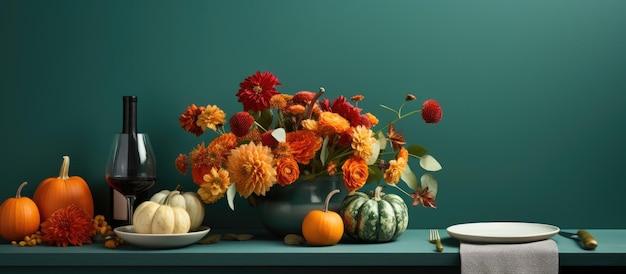 Decoração de mesa com tema de outono com flores de abóbora e uma parede verde próxima